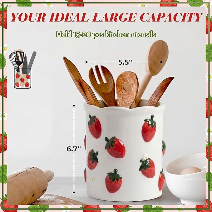 LemonRoad Strawberry Utensil Holder for Kitchen Counter,Ceramic Cooking Utensil Crock Modern Farmhouse Countertop Organizer for Spatula Ladle Kitchen Counter Decor