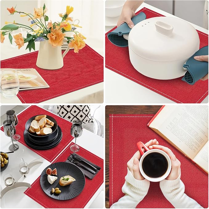 Niviy Christmas Placemats Set of 6, 12x18 Inch Rectangular Placemats for Kitchen Table, Red Placemats for Holiday Party Kitchen Dining Room Decoration