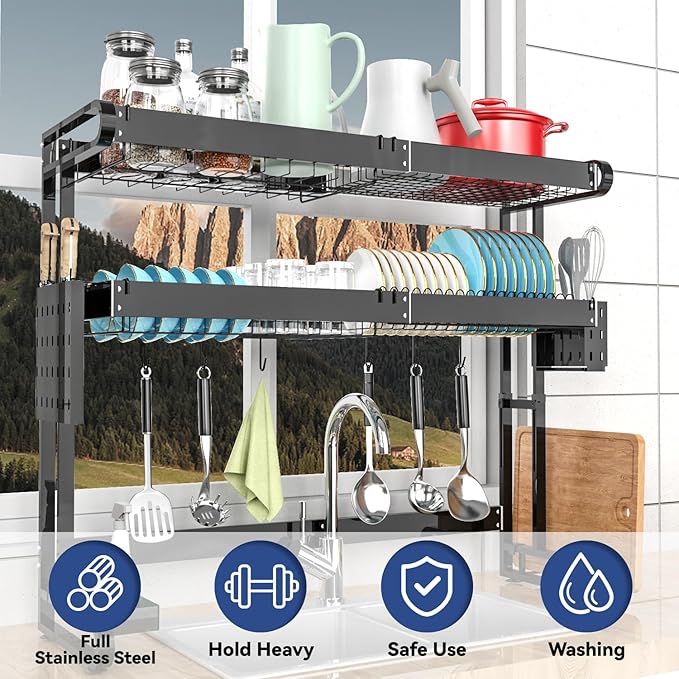 MINGLING Over The Sink Dish Drying Rack, Full Stainless Steel Large Storage Kitchen Dish Rack, 2 Tier Expandable Height and Length, Black 21.5"~37" W x 25"~30" H x 11.8" D