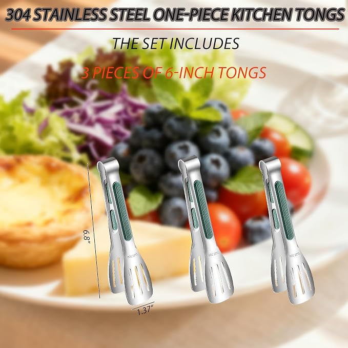 Stainless Steel Kitchen Tong Set - Anti-Slip Heat-Resistant Grip, Widened 3-Line Slotted Heads for Easy Clamping (Steaks, BBQ, Pasta, Salads), Easy Clean for Versatile Use Set of 3-6", Green