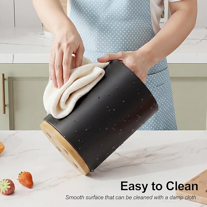 ZUJJAFY Black Utensil Holder, 360° Rotating Kitchen Utensil Holder for Counter, 7.2" Large Cooking Utensil Crock for Countertop, Bamboo Utensils Organizer for Cooking Spatula Storage