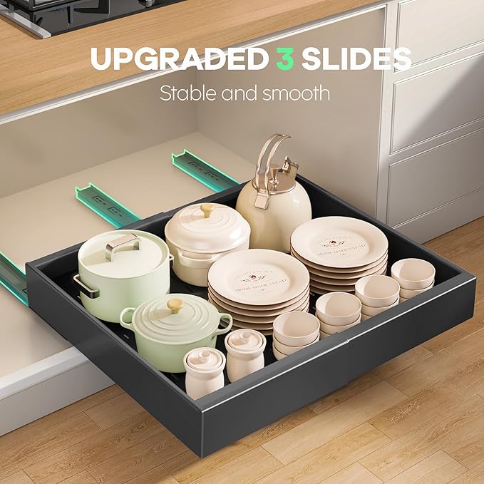 Seinloes 2 Pack Pull out Cabinet Organizer 21"Deep With Raising Pad for Framed Cabinets, Expandable Slide out Drawers for Kitchen Cabinets with 4pcs Divider Racks, Roll out Shelves 12.1"-20.4" W Black