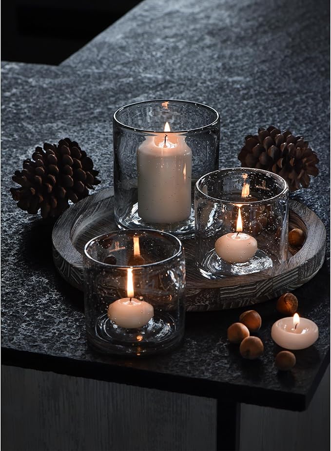 Glass Candle Holder Set 3 Clear Seeded Bubbles Modern Farmhouse Centerpieces Coffee Table Rustic Hurricane Cylinders Pillar Votive Tealight