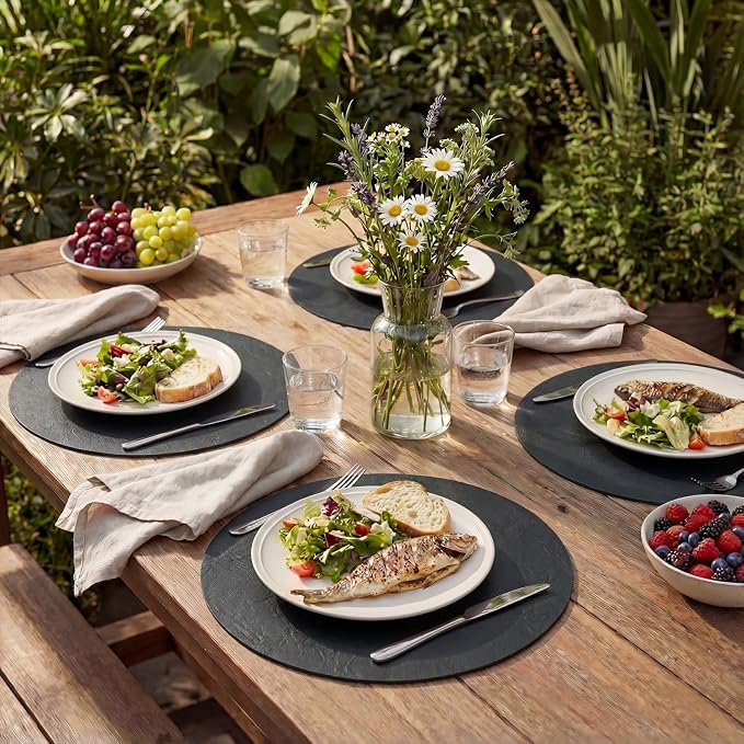 Artoid Mode Black Faux Leather Placemats Set of 8, 15 Inch Waterproof Wipeable Heat Resistant Vinyl Halloween Place Mats, Reversible Table Mats for Kitchen Dining Decor