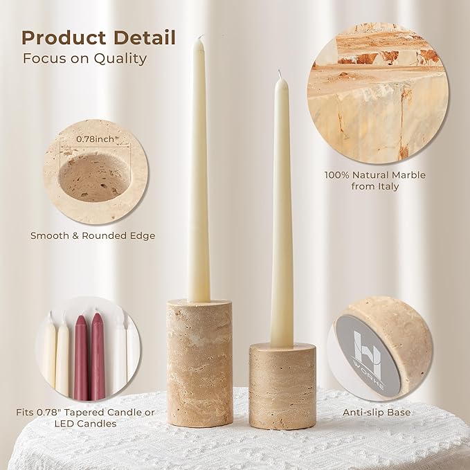 Candle Holders True Natural Marble Set of 2 Decorative Candlestick Holder for Table Centerpieces Home Dinning Party Wedding Birthday Premium Candles Stand for 3/4 inch Candles Beige (ZT017R)