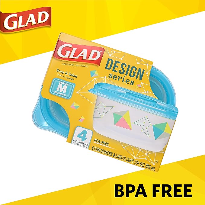 Glad GladWare Design Series Food Storage Containers with Lids, Medium Rectangle BPA Free Plastic for Meal Prep and Lunches, Tight Seal, Microwave and Dishwasher Safe, 24 Oz, 4 Count - 6 Pack