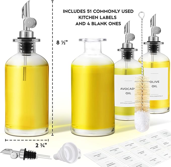 Spaceneat Olive Oil Dispenser Bottle - Includes 55 Kitchen Essential Labels - Cooking Oil Bottles for Kitchen, Coffee Syrup Dispenser - Pourer Spout with 11.8 fl oz Glass Container Cruet - 4pcs Silver