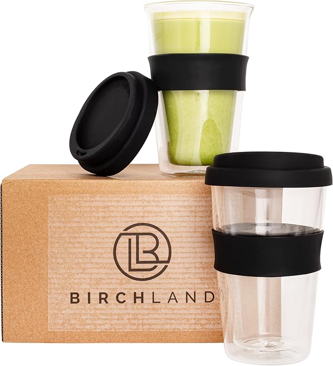 Birchland Double Wall Glass Coffee Cup with Lid, Insulated, 12 oz, Set of 2
