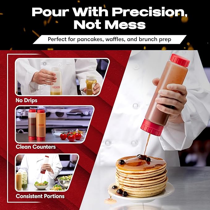 Chef Master 16 Oz. Squeeze Bottles for Sauces (6-Pack) - FIFO, Inverted - Condiment Squeeze Bottles for Liquids, Sauces, Batter & Dressing - Fill & Flip, Refillable - For Restaurants & Diners - 90291