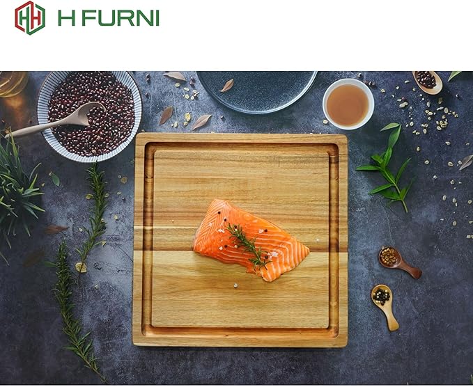 Large 16" Square, 1.5" Thick Acacia Solid Cutting Board, Wooden Chopping Board for Meat, Cheese and Charcuterie Board Built-in Handles with Juice Grooves, Durable, Easy Clean Kitchen Gift