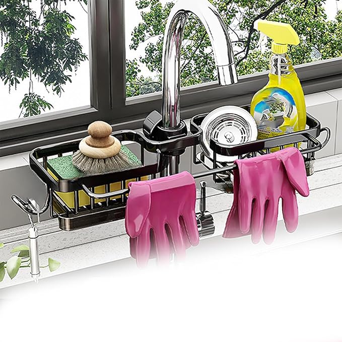 Kitchen Sink Faucet Organizer, Kitchen Sink Organizer Over Faucet, Over Sink Dish Drying Rack, Sponge Holder for Kitchen Sink, for 0.7-1.1 inch Round Water Pipe (Black, Integrated Type)