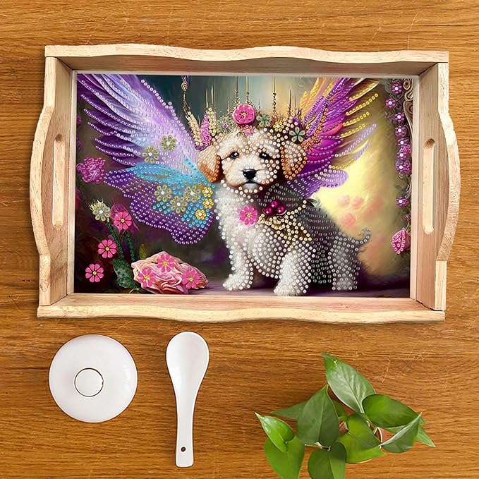 DIY Diamond Serving Tray Diamond Art Painting Creative Design Handmade Wooden Tray Dinner Plate for Coffee Breakfast Home Organizer-Dog