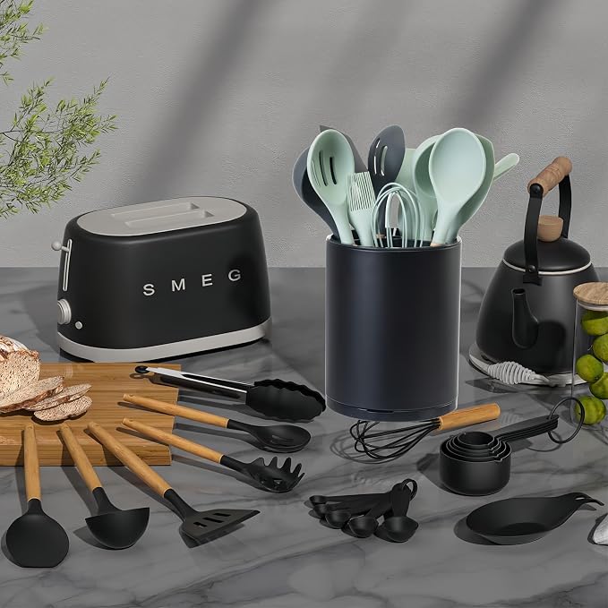 Utensil Holder,Large Cooking Utensil Holder Silverware Caddy Stainless Steel 360 Rotating Kitchen Storage 3 Compartment Flatware Spoon Spatula Holder(Black)