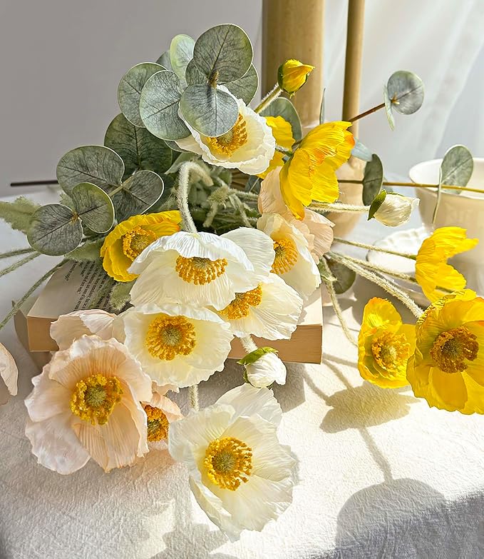 Poppy Artificial Flowers and Eucalyptus Stems, Fake White Yellow Stems for Vase, Silk Flowers Arrangement for Wedding Party Farmhouse Home Office Table Centerpieces Decorations