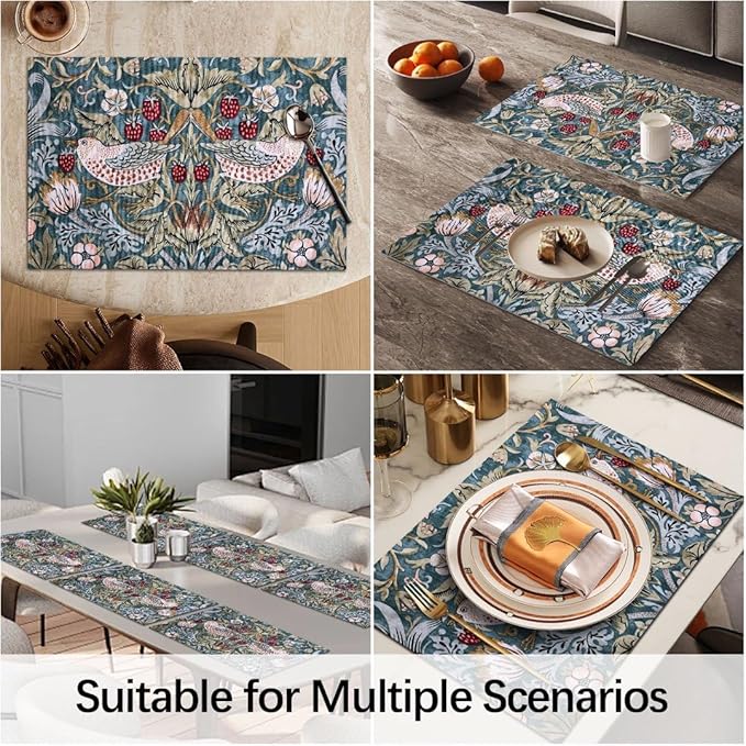 Floral Bird Strawberry Placemats Set of 6 Vintage William Morris Washable Heat Resistant Place Mats for Dining Table Mid Century Modern Anthropologie Linen Woven Wipeable Kitchen Table Mat