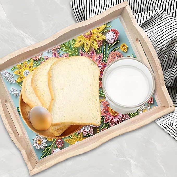 BAYUNOE 2Pcs DIY Diamond Serving Tray Rectangular Breakfast Tray with Handle Handmade Diamond Art Painting Wooden Tray Spring Creative Dinner Plate Coffee Room Living Home Organizer-02