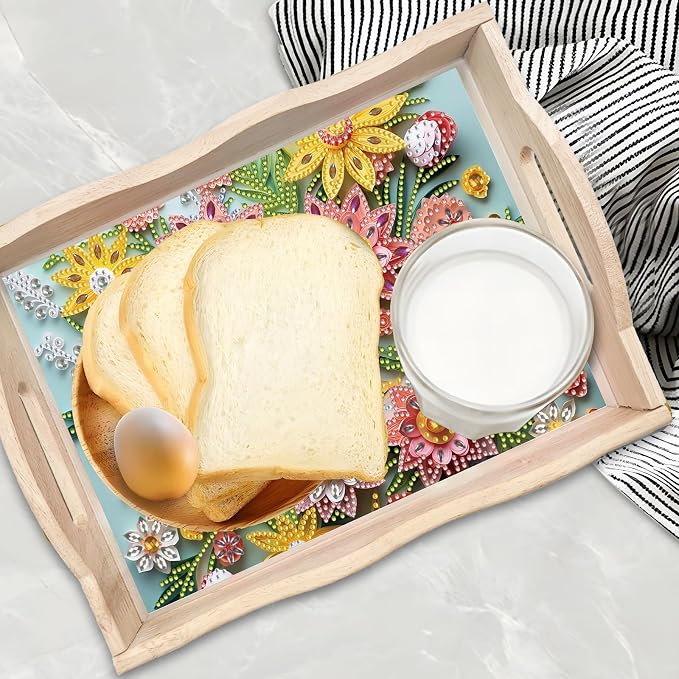 BAYUNOE DIY Diamond Serving Tray Rectangular Breakfast Tray with Handle Handmade Diamond Art Painting Wooden Tray Spring Creative Dinner Plate Coffee Room Living Home Organizer-Flower