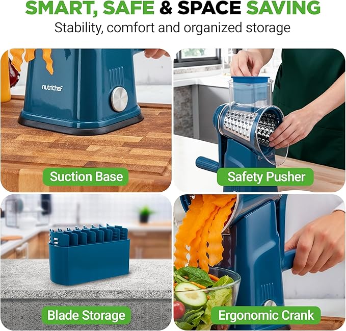 NutriChef 5 in 1 Cheese Grater & Shredder | 5 Different Blades for Thin, Thick, Julienne Strips, Wavy, & Straight Strips | Includes Hand Crank, Strong Suction Base & Storage Container | Blue