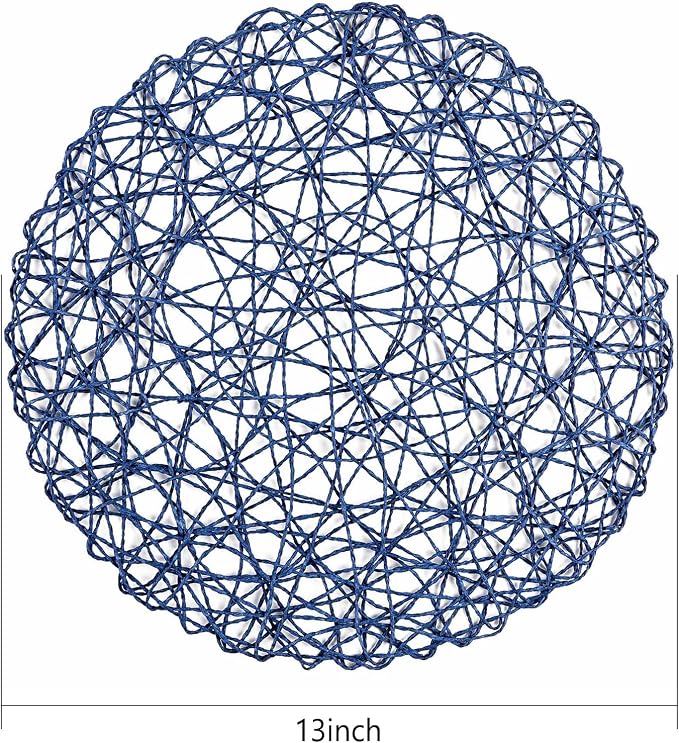AHHFSMEI Paper Braided Round Placemats Set of 12 Natural Non-Slip Heat Resistant Table Mats for Dining Tables Farmhouse Woven Indoor Outdoor Place mats (Blue,12)