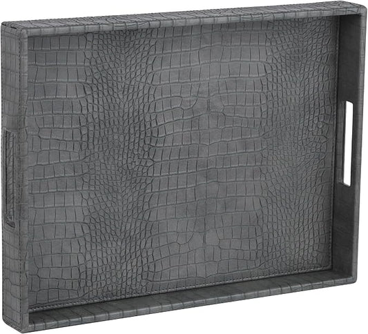 HofferRuffer Rectangle Serving Tray with Hole Handles for Coffee Table, Breakfast, Tea, Food, Butler - Countertop, Kitchen, Vanity Serve Tray, 16.2 x 12.2 x 2 inches, Faux Leather Tray (Dark Grey)