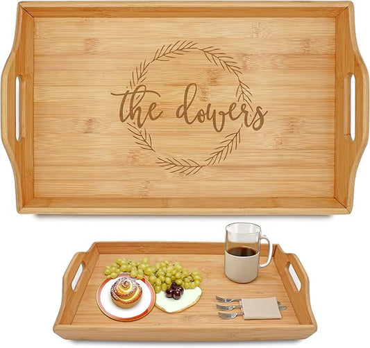 Personalized Bamboo Wood Serving Tray with Handles, Engraved Wooden Trays, Wedding Gifts, Housewarming Gifts (The Dowers)