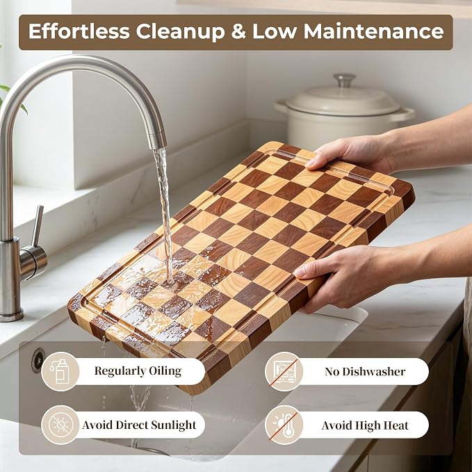 Checkered Cutting Board for Kitchen - Checkerboard Wood Chopping Board with Juice Groove & Handle, End Grain Wooden Checker Kitchen Board for Cooking, Serving and Decor