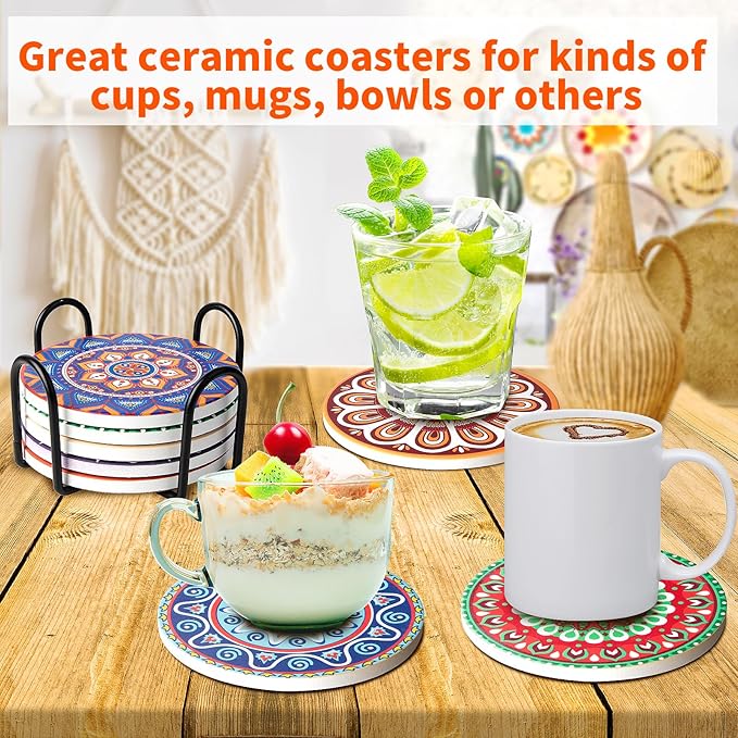 Drink Coasters with Holder Set of 8 Ceramic Boho Mandala Coasters for Drinks Absorbent Stone with Cork Base Colorful Decor for Coffee Beer Mugs Glasses Cups Housewarming Table Desk Protection