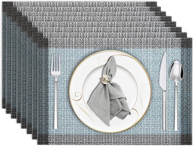 Niviy Blue Grey Ethnic Boho Placemats Set of 8, 12x18 Inch Linen Burlap Washable Durable Art Table Mats for Holiday Party Kitchen Dining Room Decoration