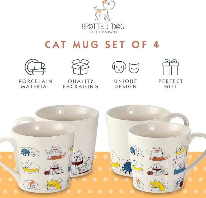 SPOTTED DOG GIFT COMPANY Cat Mugs, 13 oz Coffee Mug Set of 4, Funny Cartoon Cats Themed Ceramic Tea Cups, Microwave & Dishwasher Safe, Cute Cat Gifts for Women and Animal Lovers