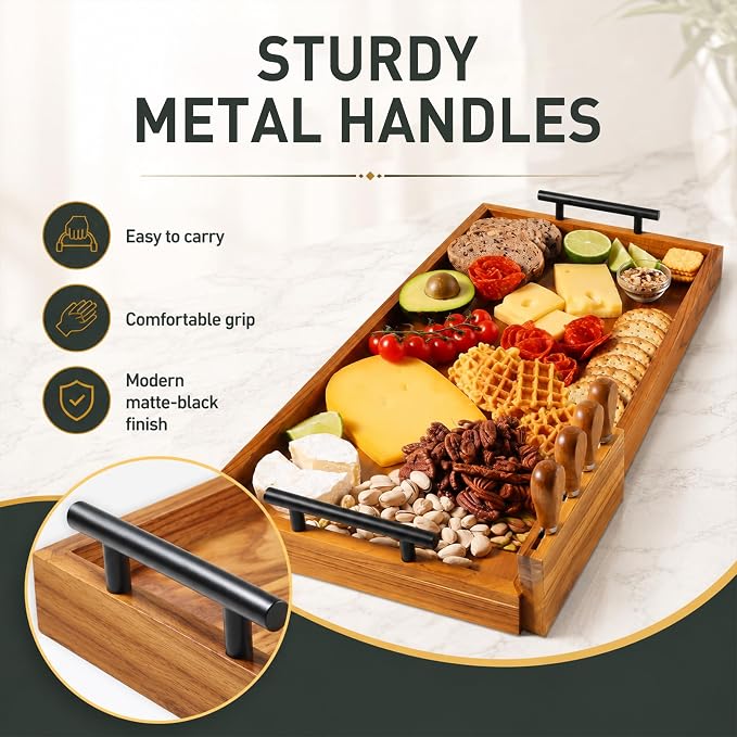 24" Teak Wood Large Charcuterie Tray with Handles, Extra Long Wooden Serving Cheese Boards 05