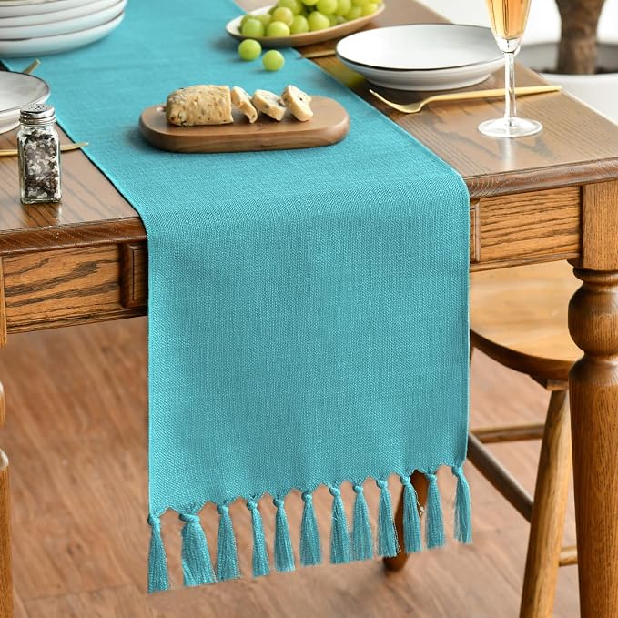 Artoid Mode Teal Tassel Table Runner, Winter Linen Blend Rustic Farmhouse Style Kitchen Table Decoration Holiday Wedding Party Dinning Decor 13x48 Inch