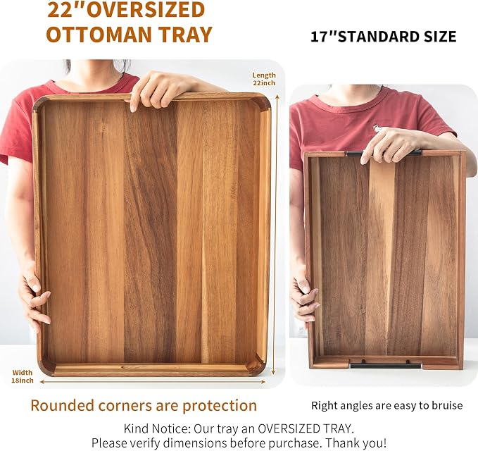 Large Wooden Ottoman Tray Great Rectangle Trays for Big Ottoman 22"x18" Coffee Table Tray for Kitchen Huge Wood Serving Tray with Round Corner for Living Room Decor Centerpiece Organizer