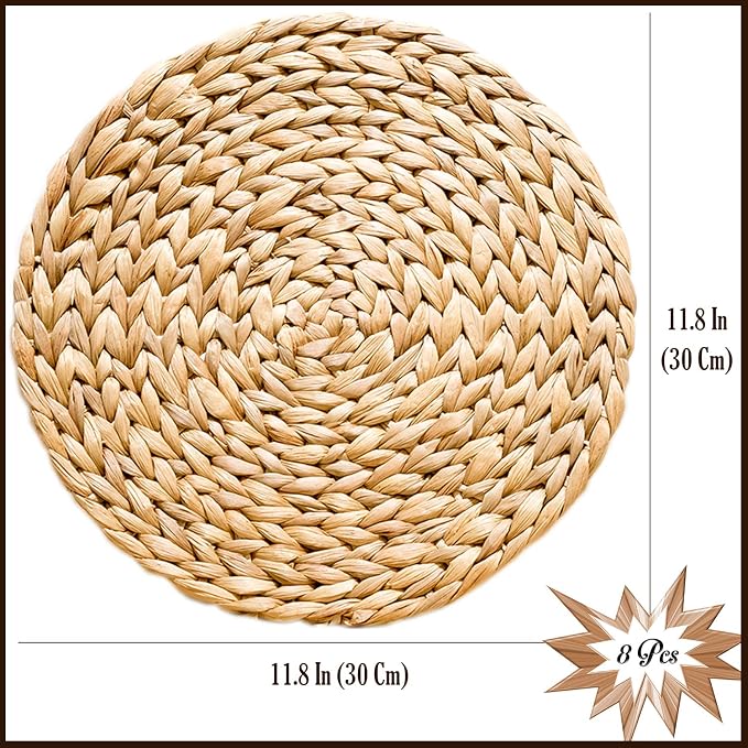 Woven Placemats Set of 8, Table Mats Set of 8, Water Hyacinth Round Placemats for Round Table, Chargers for Dinner Plates, Wicker Chargers for Dinner Plates, Woven Placemat, Place Mats 11.8 in