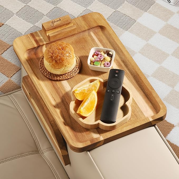 Acacia Wood Sofa Armrest Tray -Sofa Arm Tray Table Clip - Couch Arm Table for Wide Couches - Wooden Side Tables for Small Spaces for Eating and Drink