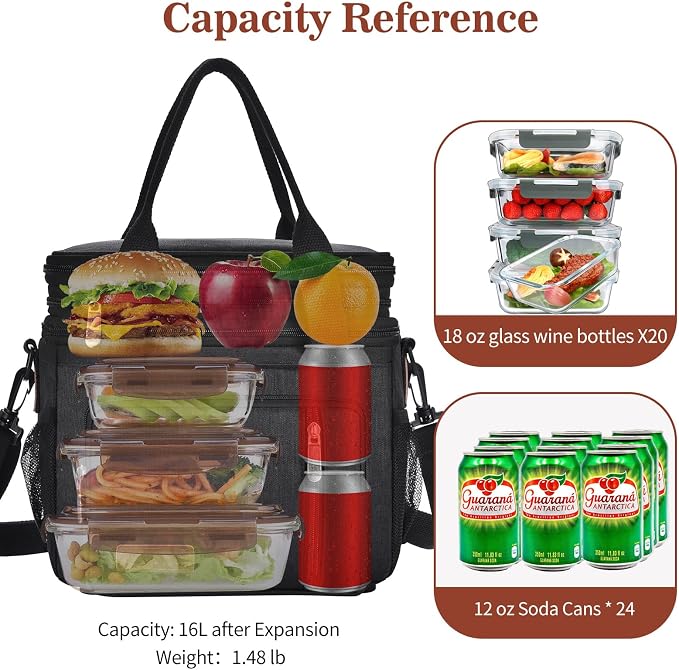 LOKASS Lunch Bag& Lunch Box for Men Women Double Deck,Large Insulated Adult Lunch Box Leakproof Lunchbox Cooler Bag for Work Picnic Beach, Black