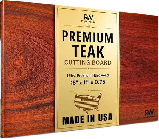 Red Teak Wood Cutting Board, Scratch & Warp Resistant, Premium Hardwood Wooden Cutting Board with Handles & Non-Slip Feet, For Meat, Vegetables & Charcuterie (15x10x0.75)