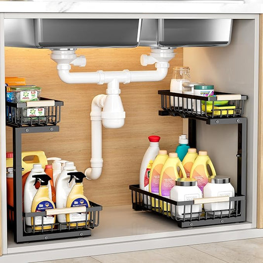 Hahaemall Under Sink Organizer for Bathroom Storage: Pull Out Storage Undersink Organizers Drawer - Sliding 2 Tier Rack Metal Organization Under Counter Kitchen Cabinet for Families, 2 Pack