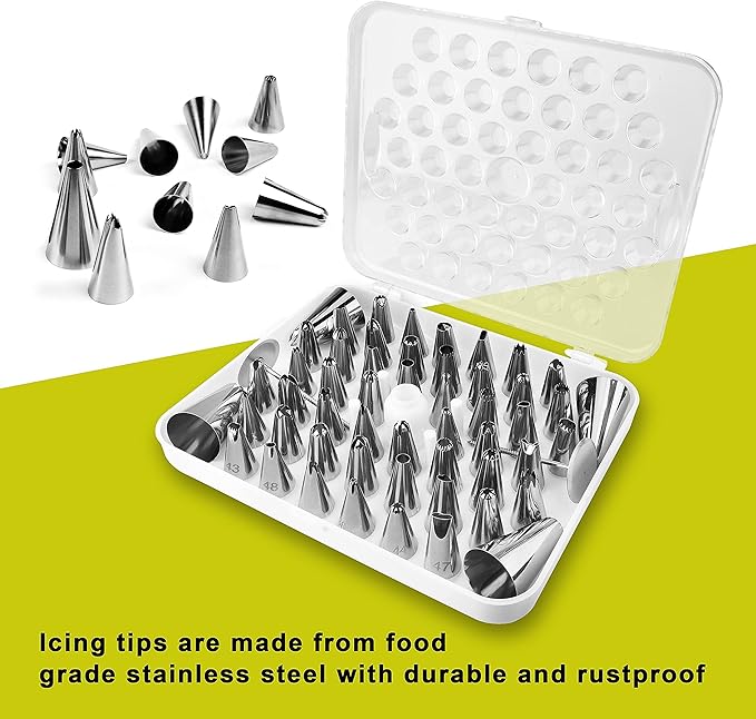 FIVETASCake Decorating kit for Beginners-52 Numbered Icing Tips with Pattern Chart,2 Flower Nails and 1 Coupler.Piping Tips Set with storage box.
