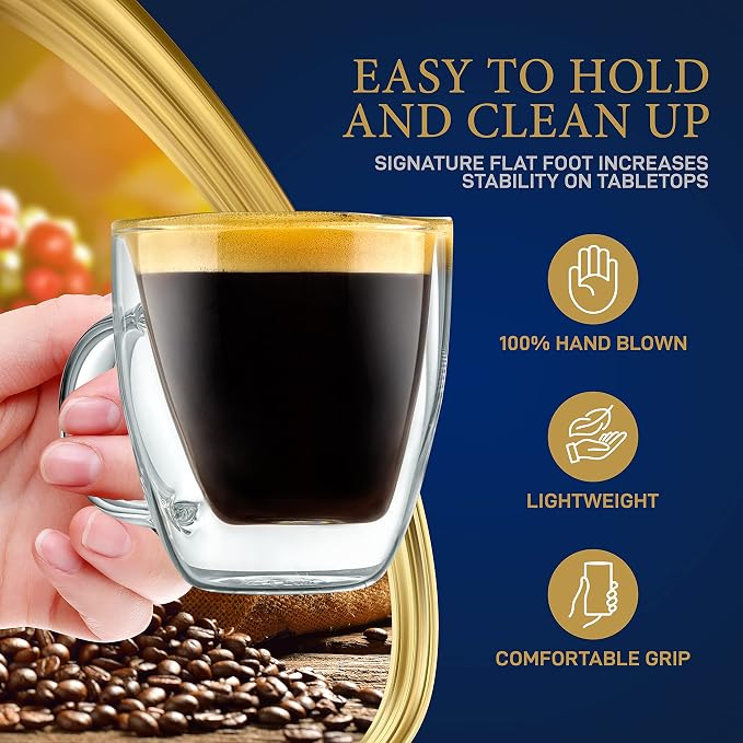 NutriChef Double Wall Insulated Cups - 2pcs 5.2 oz High Borosilicate Glass Sweat Free Mugs Clear Drinkware for Hot/Cold Drinks, Coffee, Espresso, Cappuccino, Latte, Tea, Microwavable, Dishwasher Safe