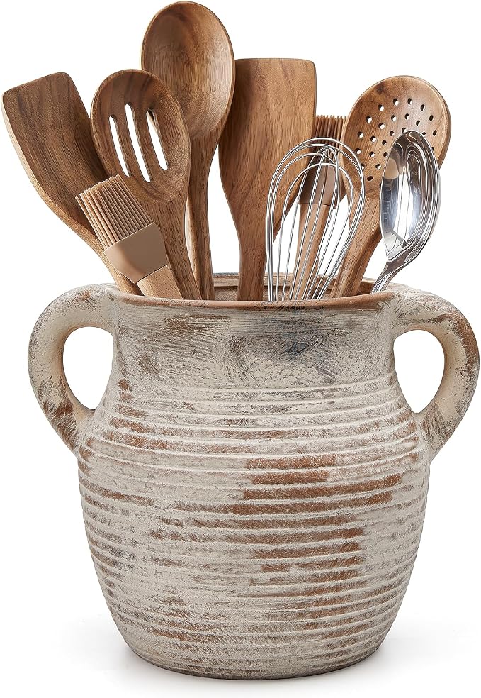 Rustic Utensil Holder for Kitchen Counter - Large Ceramic Farmhouse Cooking Utensil Crock & Organizer for Spatula, Spoon - Vintage Kitchen Decor (Taupe)