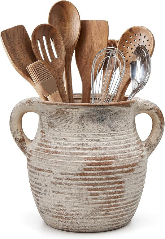 Rustic Utensil Holder for Kitchen Counter - Large Ceramic Farmhouse Cooking Utensil Crock & Organizer for Spatula, Spoon - Vintage Kitchen Decor (Taupe)
