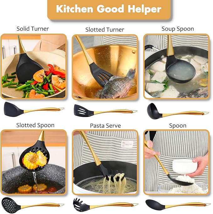 9Pcs Kitchen Utensil Set with Stainless Steel Handle (Gold)