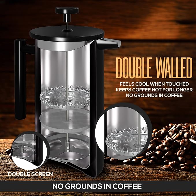 Utopia Kitchen 304 Grade Stainless Steel French Press 50 Oz, Black | Double Wall Insulated Coffee Press with 4-Level Filtration System, Include 2 Extra Filters, Rust-Free, Dishwasher Safe