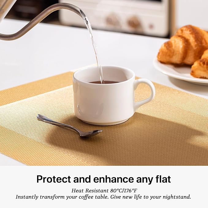 LEXMORE Placemats Set of 6 Vinyl/Plastic Woven Place Mats for Kitchen Table Indoor/Outdoor Washable Placemat Wipeable Dining Table Mats(Gold Cube)
