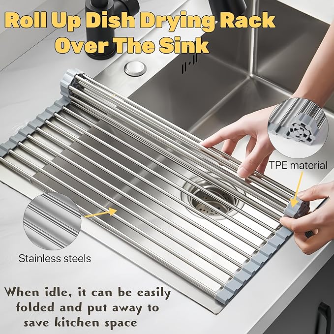 Roll Up Dish Drying Rack 21.3" x 15.8" Over The Sink Dish Drying Rack, Kitchen Dish Rack Stainless Steel Dish Drying Rack for Kitchen Sink Counter Storage (Grey)