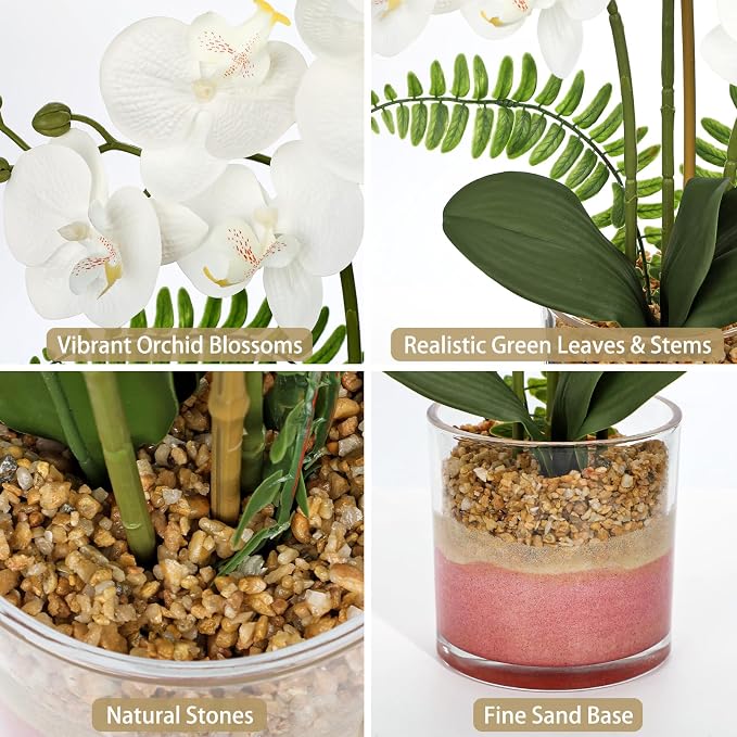 Oairse White Orchids Artificial Flowers with Vase Faux Orchids Plant in Pot | 17.7" Phalaenopsis Orchid Flower Arrangements White Centerpiece for Kitchen Dining Room Table Bathroom Shelf Desk Decor