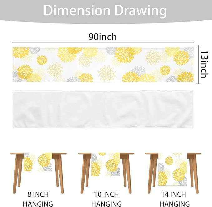 Dahlia Flower Table Runner 13x90 Inch Farmhouse Yellow Gray Runners Modern Table Decorations Rustic Geometric Coffee Table Runner for Home Kitchen Dining Room Party (13"x90", Dahlia Floral-Yellow)