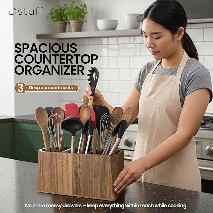 Large Kitchen Utensil Holder for Countertop – Acacia Wood Utensil Organizer with 3 Compartments, Beveled Edges Design, Non-Slip Silicone Pads & Drain Hole – Rustic Farmhouse Utensil Caddy Crock