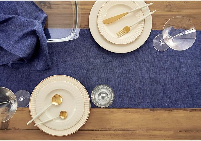Solino Home Linen Short Table Runner 36 Inches - Athena, 100% Pure Linen Chambray Navy Table Runner 14 x 36 Inch Ideal for Dresser and Coffee Tables - Spring, Summer, 4th of July