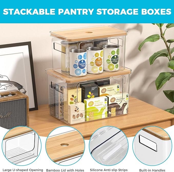 Trash Bag Holder Dispenser with Bamboo Lid, 2 Pack Clear Stackable Plastic Grocery Bag Holder for Home Kitchen Pantry Countertop, Medium & Large Wall Mounted Storage Bins for Onion Potato Storage